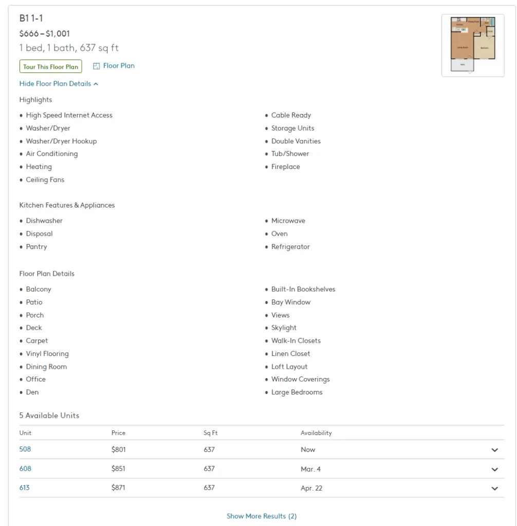 Apartments.com floor plan with available units pricing and availability dates extracted by ScrapingBot pricing API fields