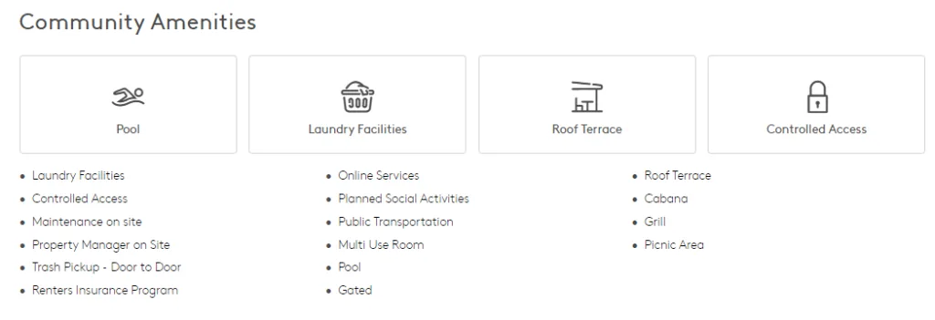 Apartments.com community amenities - pool laundry roof terrace extracted by ScrapingBot communityAmenities API fields
