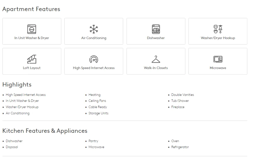 Apartments.com apartment features and amenities - washer dryer AC dishwasher extracted by ScrapingBot amenities API fields