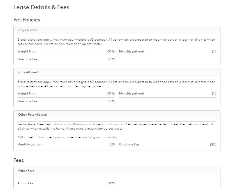 Apartments.com lease details and fees - pet policies and admin fees extracted by ScrapingBot fees API fields