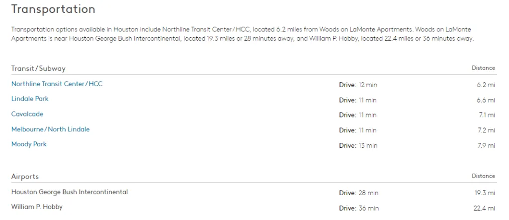 Apartments.com transportation section - transit subway and airports with distance extracted by ScrapingBot API