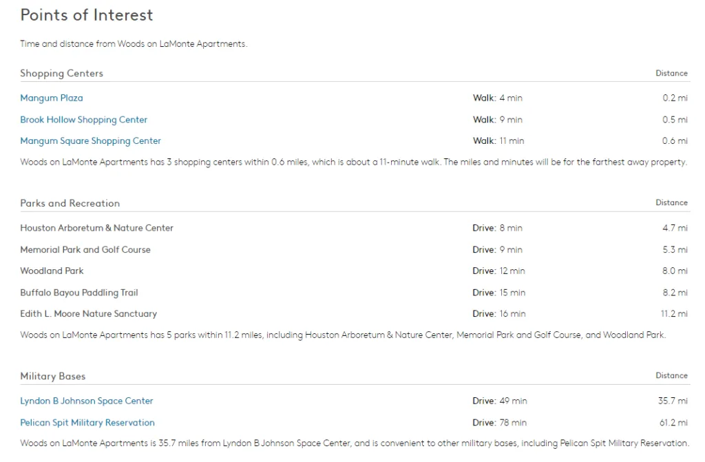 Apartments.com points of interest - shopping centers and parks with distance extracted by ScrapingBot API