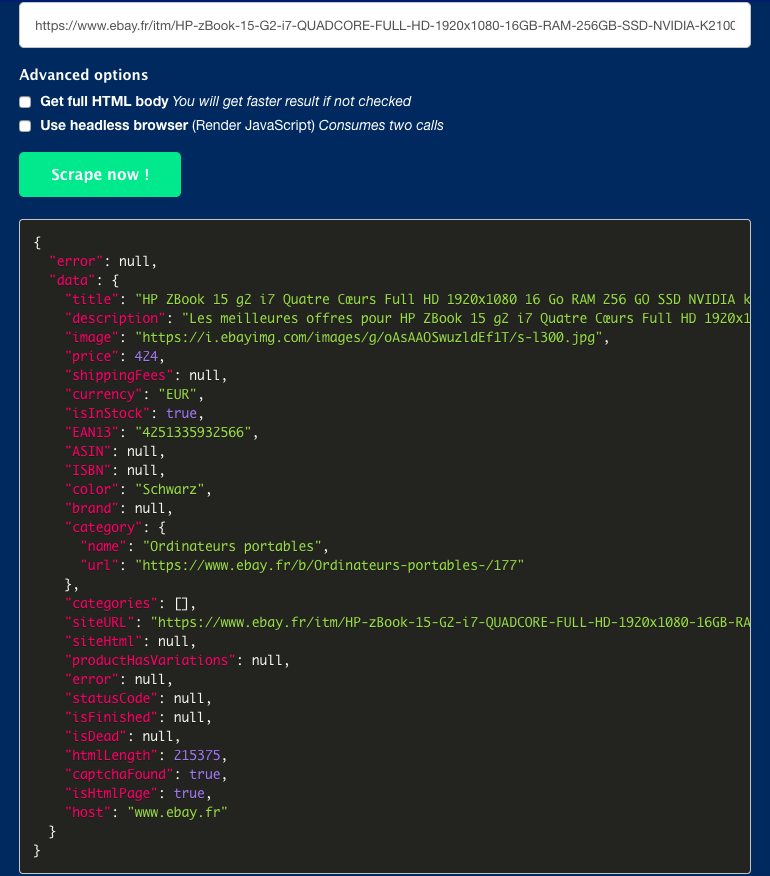 Ebay scraping - Full HTML- Scraping-bot.io