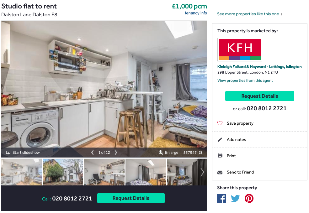 Listing of a studio to rent on Rightmove