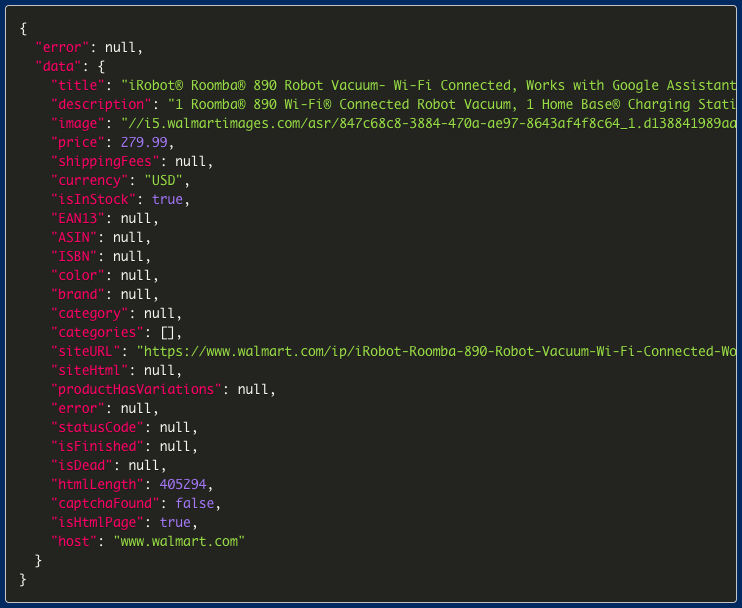 Scraping Appliance Walmart listing with scrapingbot - Parsed data