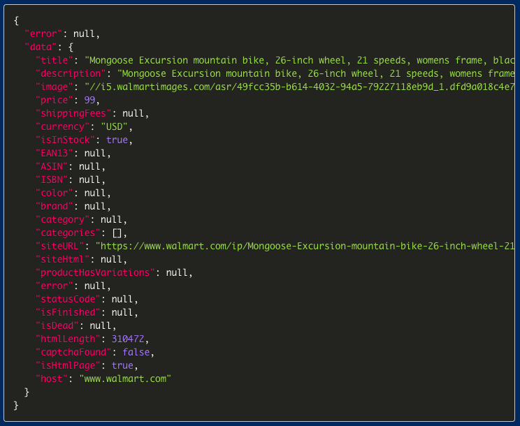 Scraping Outdoor Walmart listing with scrapingbot - parsed data