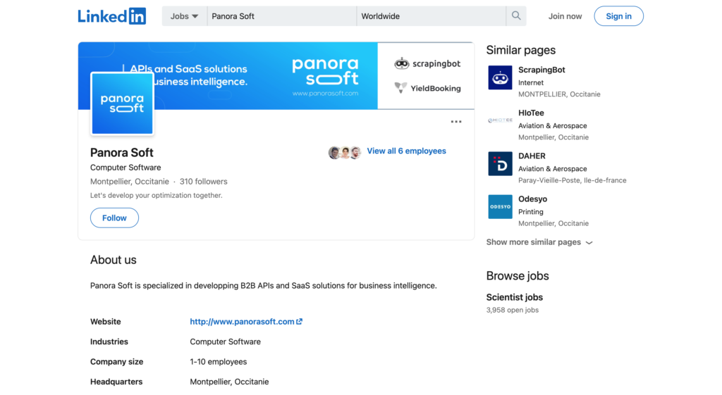 screenshot panorasoft linkedin profile company