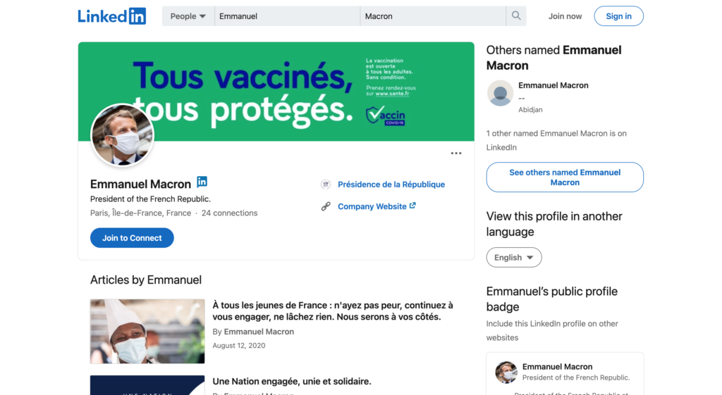 Linkedin-profile-page-Emmanuel-Macron