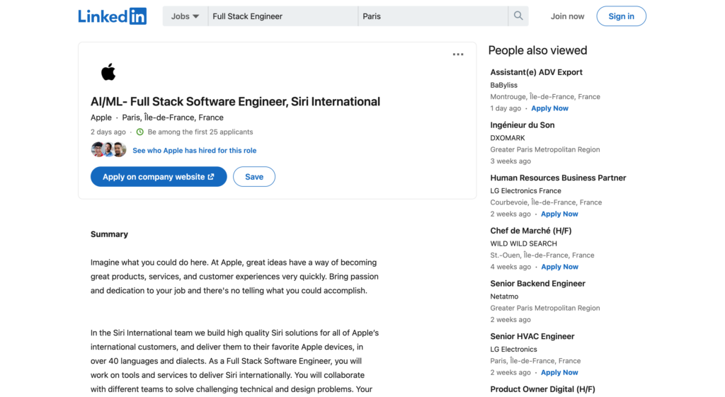 screenshot linkedin apple job offer