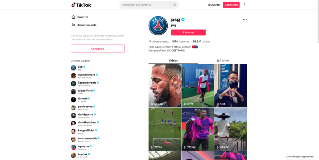 Screenshot of TikTok PSG soccer team profile page