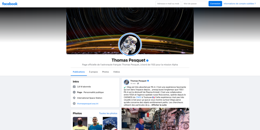Screenshot of Thomas Pesquet profile Facebook profile page