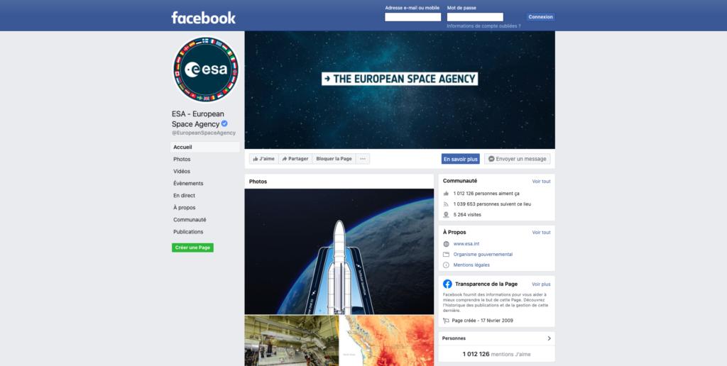 Screenshot of European Space Agency Facebook organization page