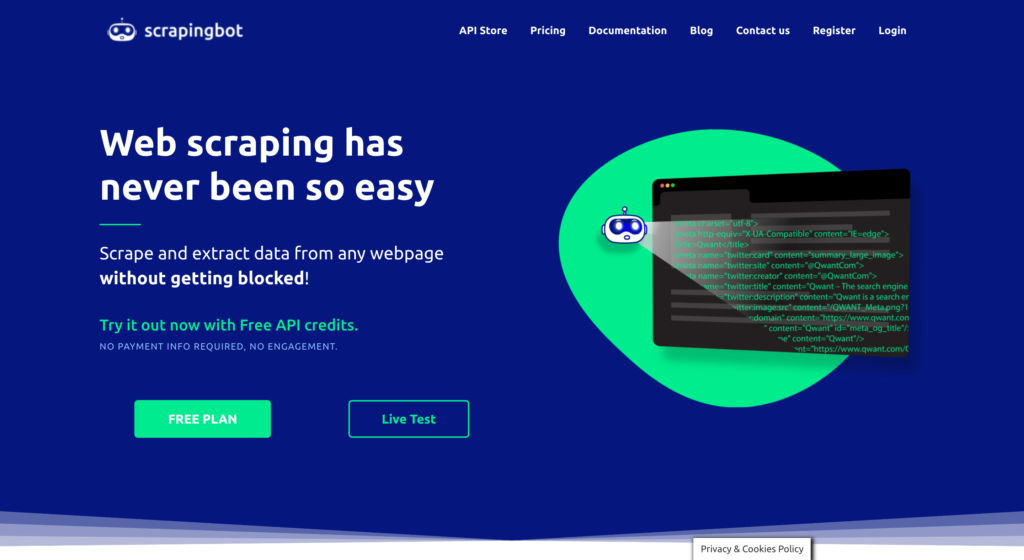 Landing page of Scraping Bot API