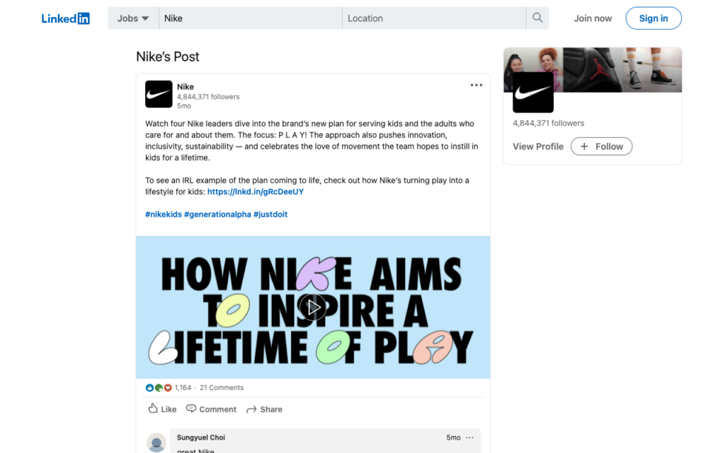 Screenshot of a Nike's LinkedIn post